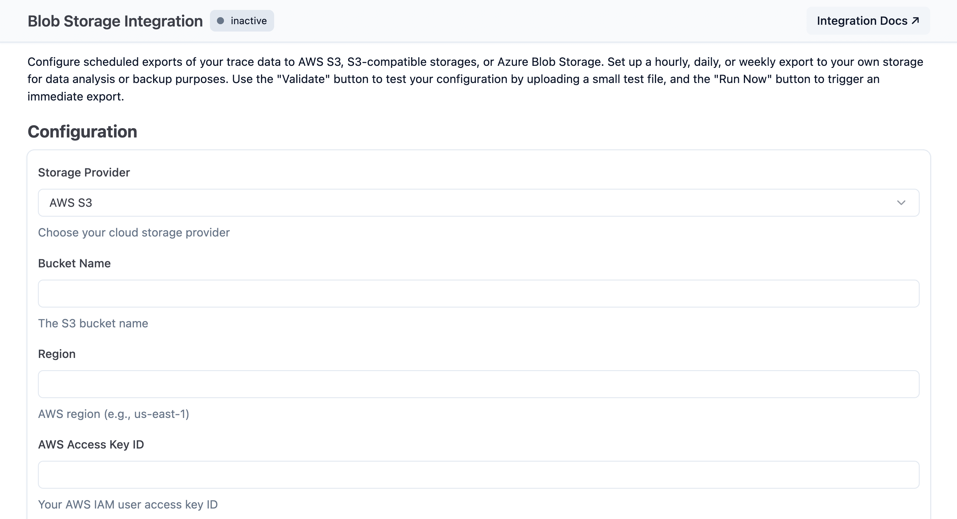 Blob storage integration setup
